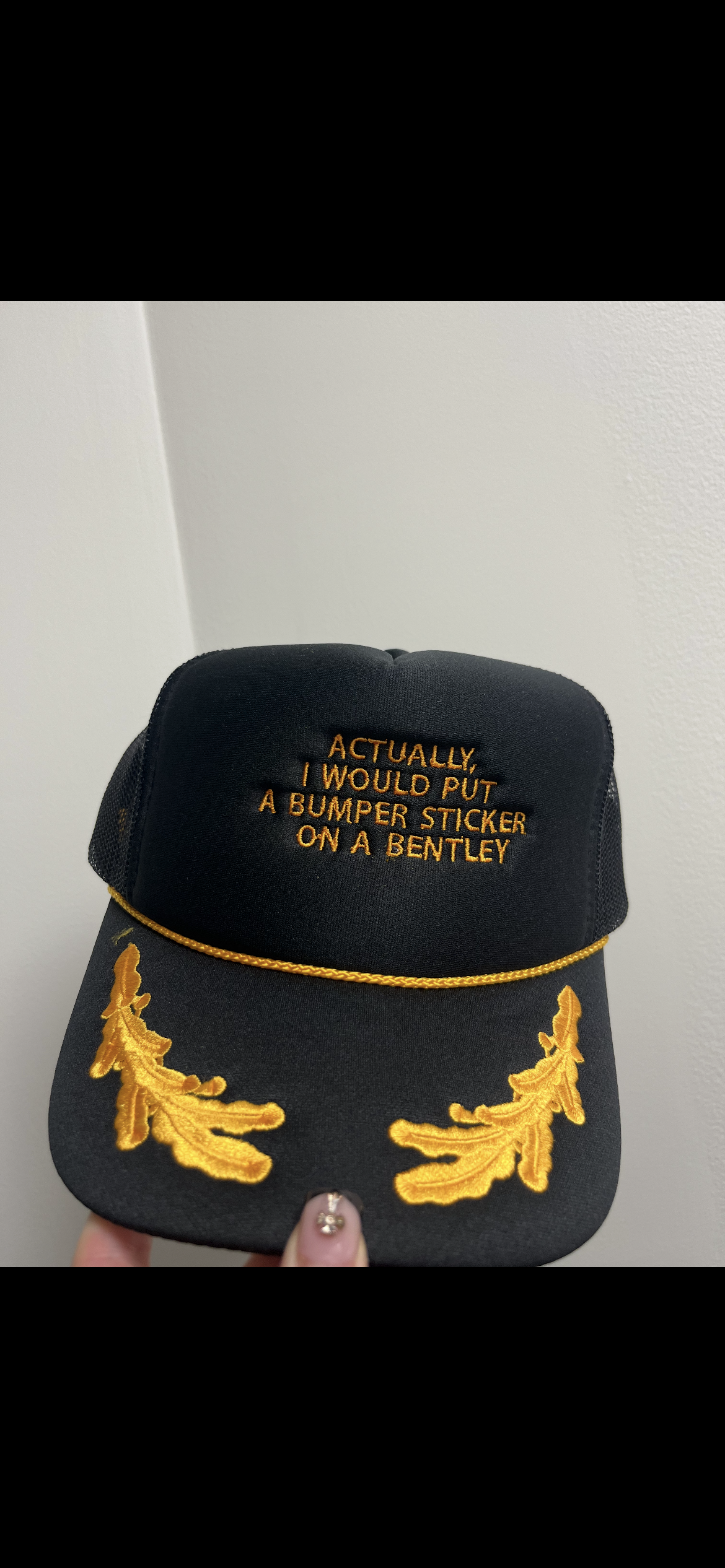 Bumper Sticker on a Bentley Hat