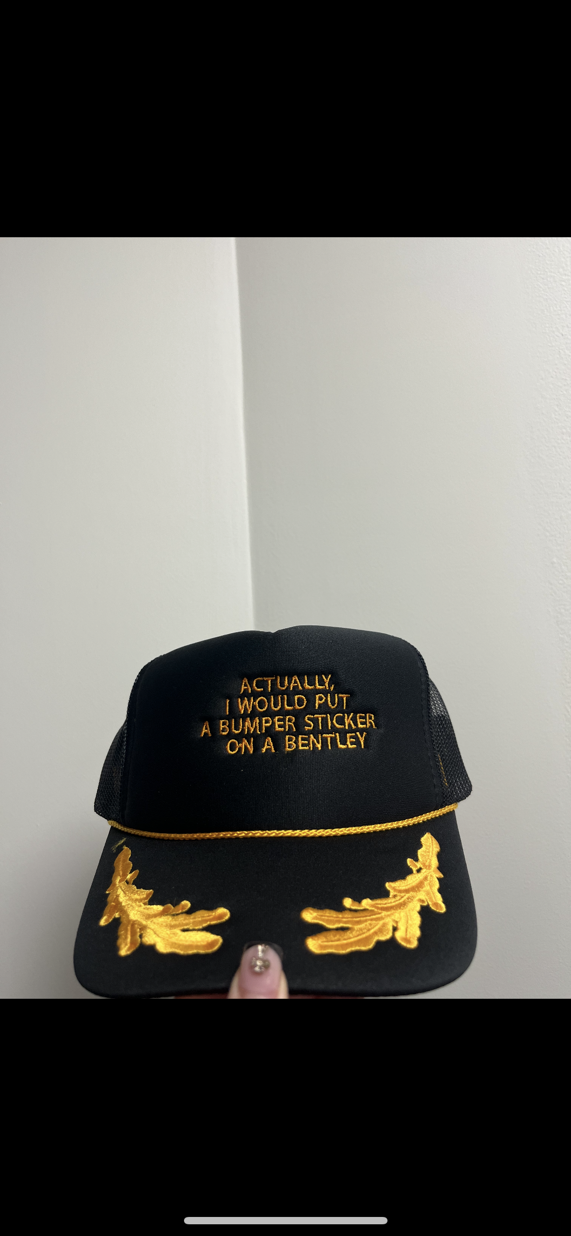 Bumper Sticker on a Bentley Hat
