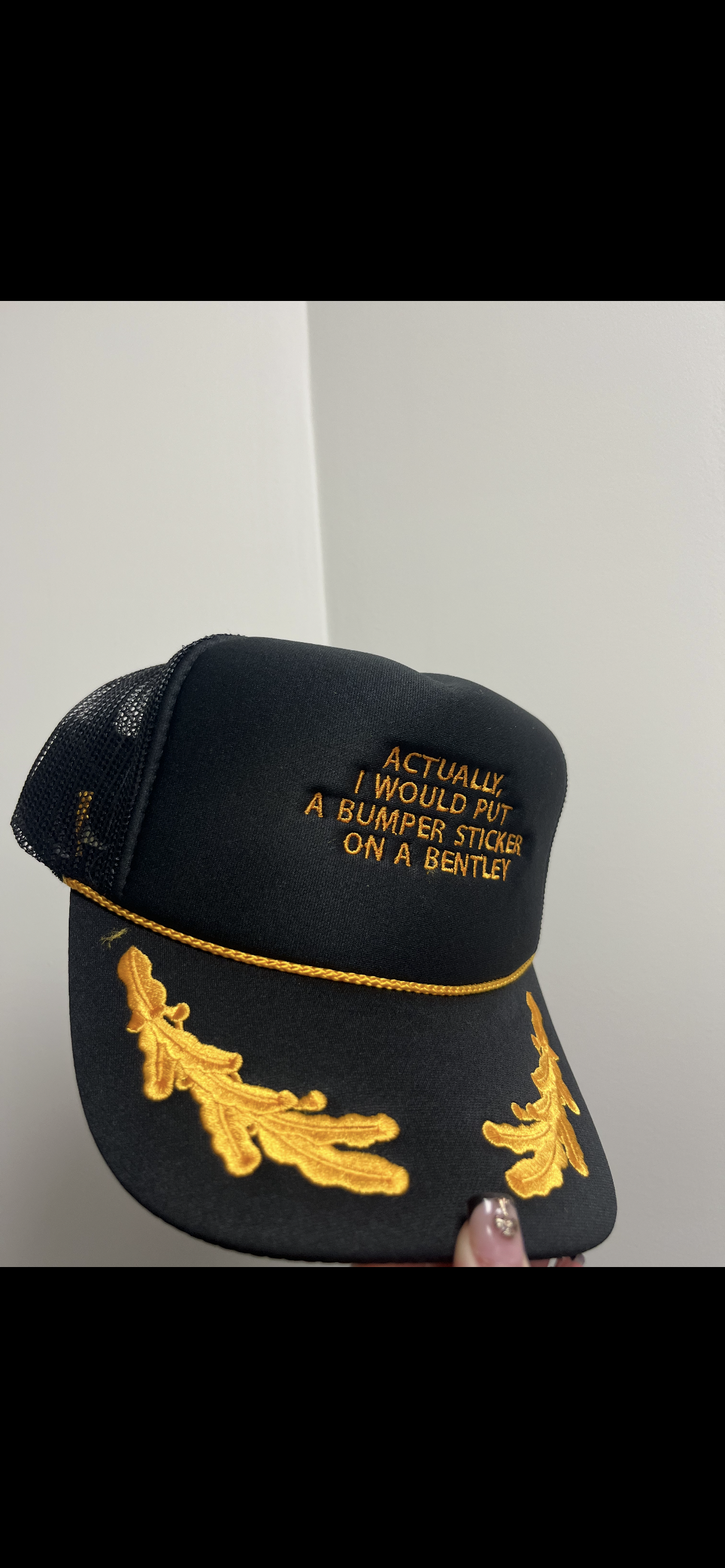 Bumper Sticker on a Bentley Hat